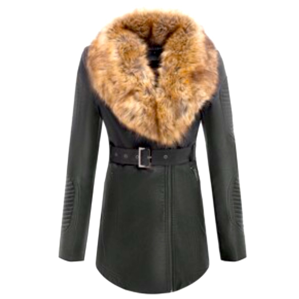 Great Condition - removable Fuzzy Collar Belted Faux Leather Jacket
